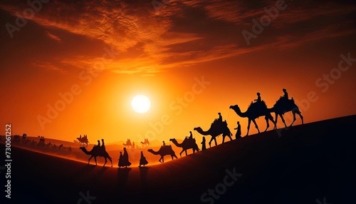 Illustration of silhouette of a camel caravan with riders on a desert at sunset in jaisalmer desert.