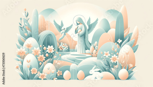 illustration of Easter scene in Paradise with Virgin Mary, Easter bunny, Easter eggs in soft pastel tones