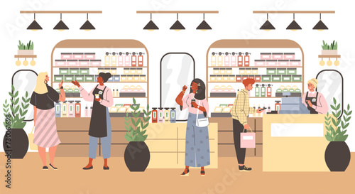 Scene with people in a cosmetics store. Perfume shop interior template. Flat illustration.