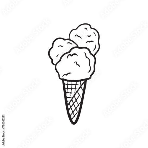 Three scoops of tasty delicious ice cream in a waffle cup isolated on white background. Hand drawn vector sketch illustration in doodle style. Children sweets, summer symbol, hand made ice cream.