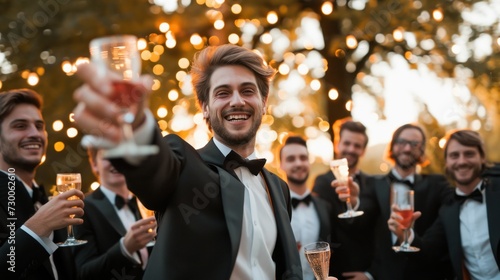Groom with happy groomsmen toasting at the wedding reception outside photo