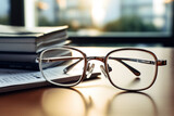 Glasses on desk in office with books close-up