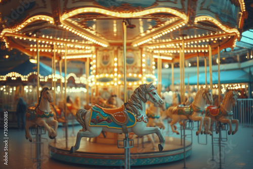 A snapshot of a carousel, with retro vintage stylized, conveying emotion of cinematography... 