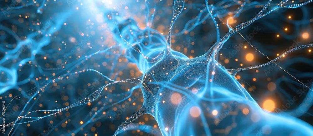 Abstract 3D illustration of neurons and data flow on a porous bone ...