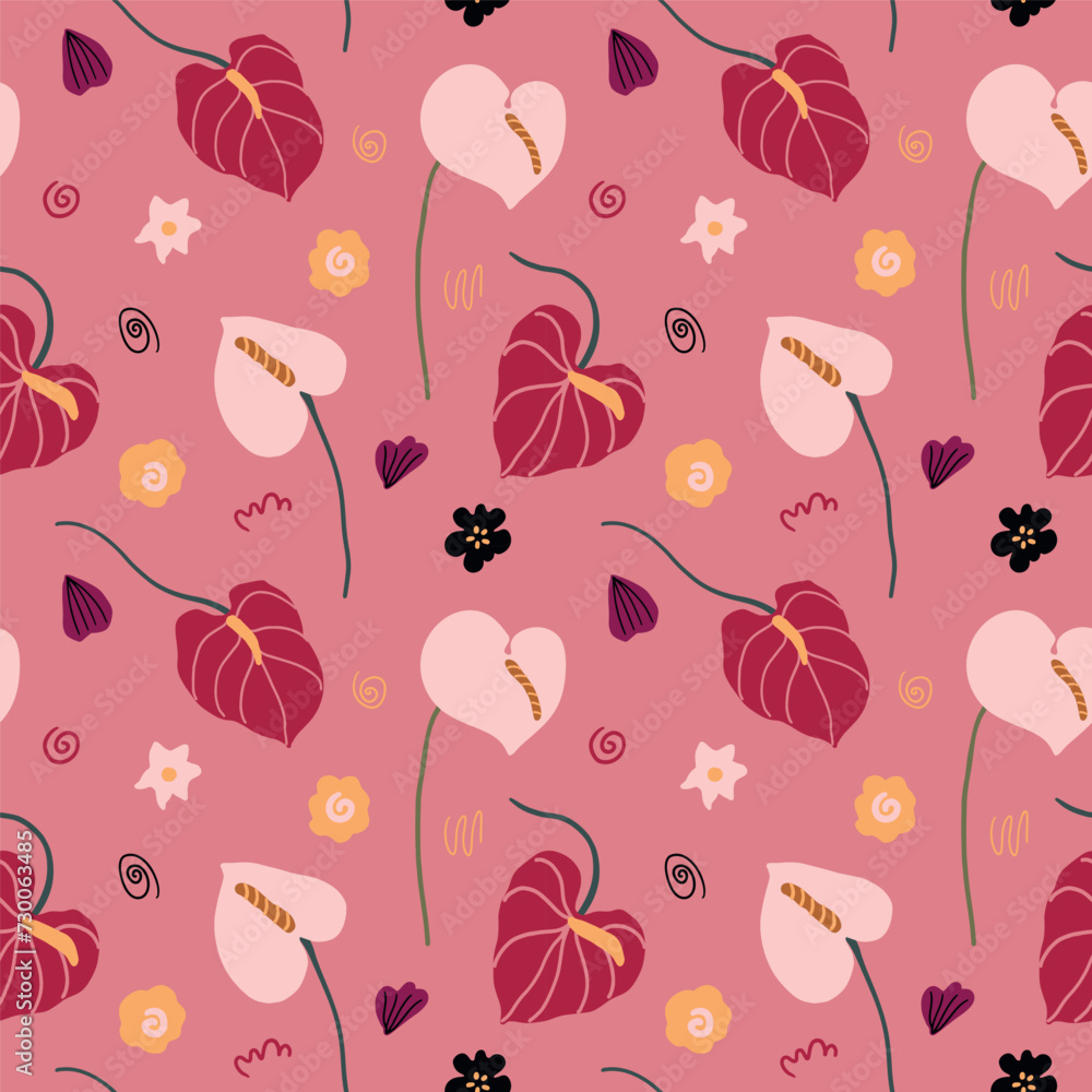 Abstract colorful simple flat floral shapes anthurium, poppy flowers boho shapes. Modern simple abstract background, seamless pattern, wallpaper, fabrics pattern, surface design