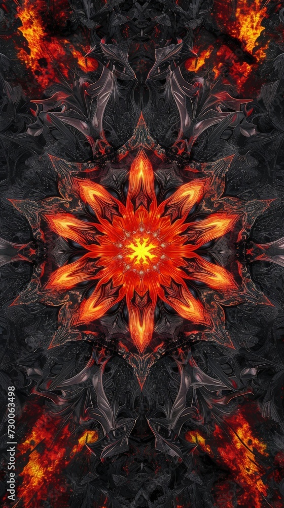 Symmetric Digital Artwork with Central Motif that Radiates outward in Kaleidoscopic Fashion - Core is Bright Fiery Orange Red Shape Element resembles Star Flower created with Generative AI Technology