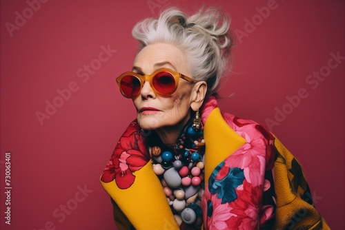 Portrait of beautiful senior woman in sunglasses and a colorful jacket.