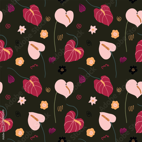 Abstract colorful simple flat floral shapes anthurium, poppy flowers boho shapes. Modern simple abstract background, seamless pattern, wallpaper, fabrics pattern, surface design