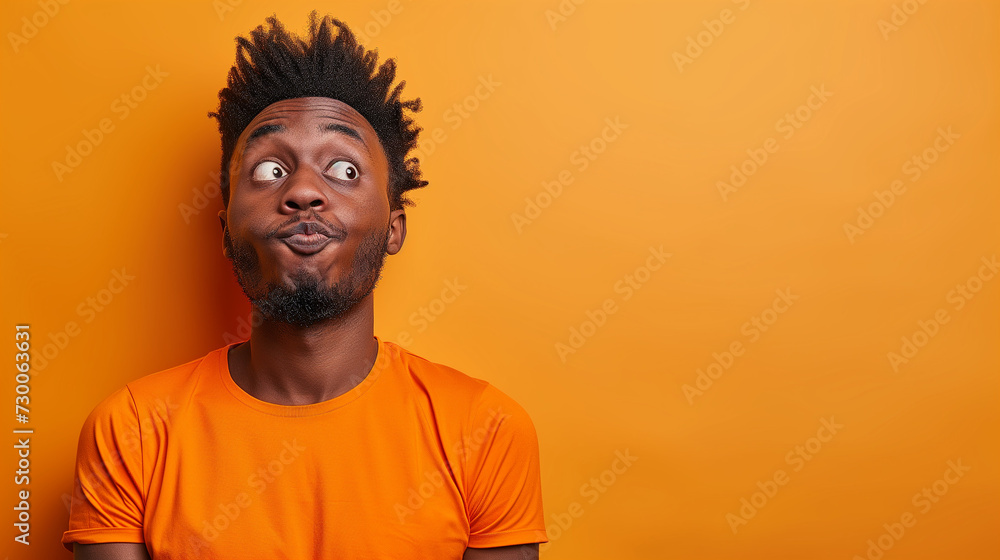Portrait of a perplexed African American man in an orange top against an orange background, with space for text.