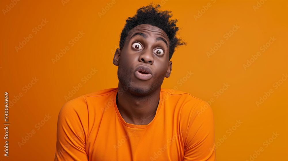 Portrait of a perplexed African American man in an orange top against an orange background, with space for text. Portrait of a perplexed African American man in an orange top against an orange background, with space for text.