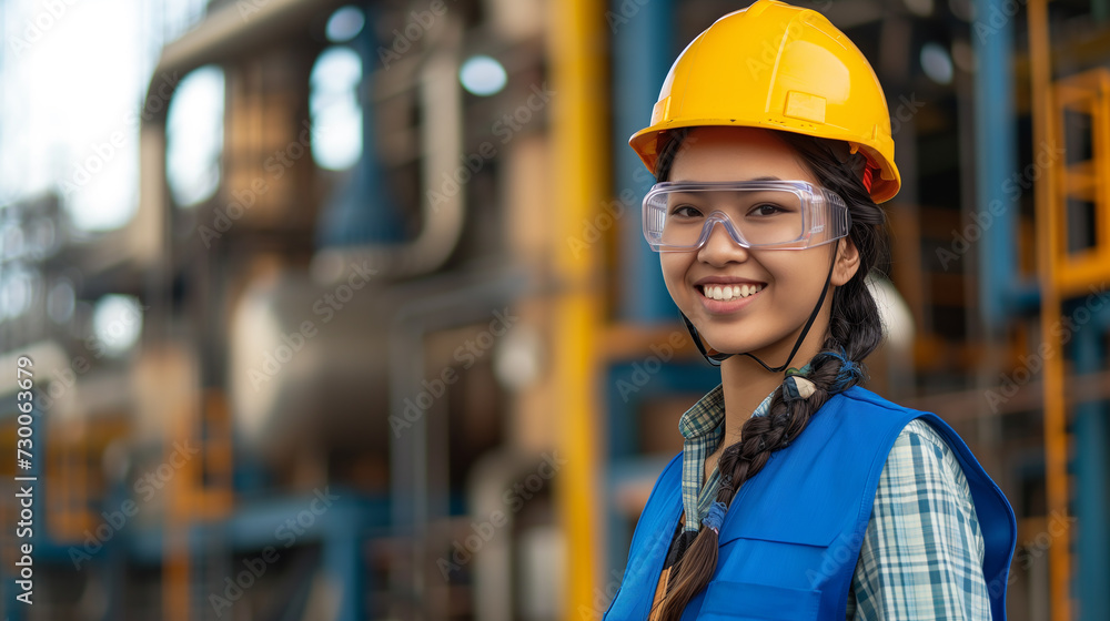 Portrait of a joyful woman engineer at an oil refinery, inspecting industrial operations in safety gear. Portrait of a joyful woman engineer at an oil refinery, inspecting industrial operations in safety gear.