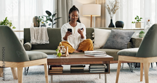 Home, credit card and black woman on a couch, smartphone and connection with payment, online shopping and smile. African person, apartment or girl on sofa, cellphone or transaction with investment