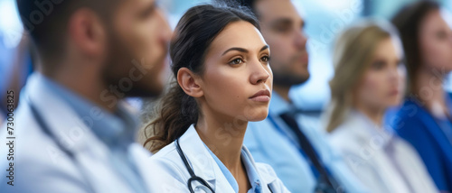 A focused female doctor in a conference setting, her determination palpable amidst her peers..