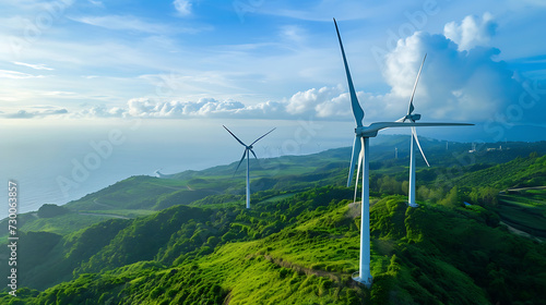 Wind turbines on green hills overlook coastal panorama, symbolizing sustainable energy production.