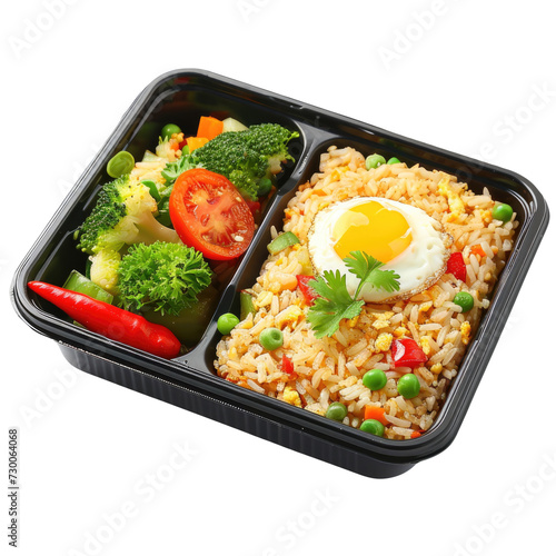 Fried rice with egg and vegetable on lunch box, Isolated on Transparent background