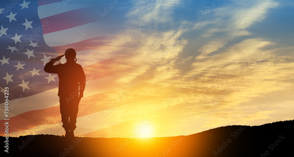 Silhouette of soldier saluting on background of USA flag. Greeting card for Veterans Day, Memorial Day.