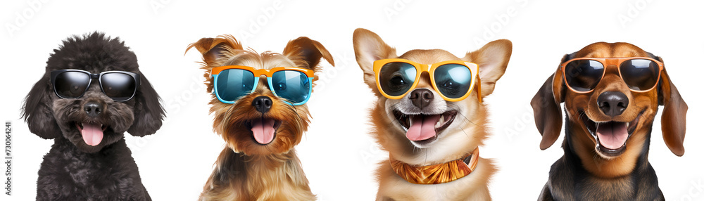 Set of Cool and Funny Small Breed Dogs: Yorkshire Terrier, Chihuahua, Poodle, and Dachshund (Teckel) Wearing Sunglasses, Isolated on Transparent Background, PNG