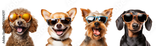 Cool and Funny Small Breed Dogs: Yorkshire Terrier, Chihuahua, Poodle, and Dachshund (Teckel) in Sunglasses, Isolated on Transparent Background, PNG