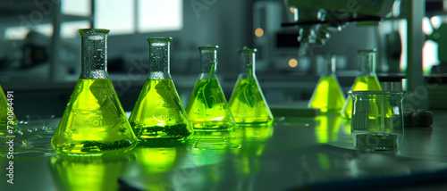 A science lab aglow with the luminescence of green chemical reactions in beakers