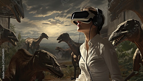 Witness the blend of technology and prehistory as a person wears virtual reality glasses to interact with lifelike dinosaurs. © Murda