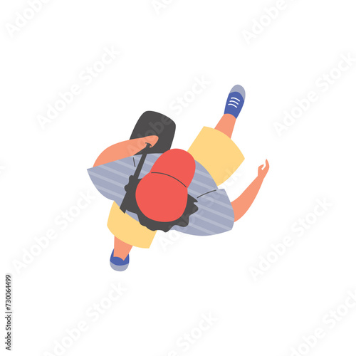 Man with shoulder bag walking forward, overhead vector person in casual clothes and red cap in motion character top view