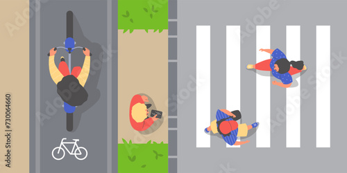 People on the street, overhead view, vector illustration in flat cartoon style