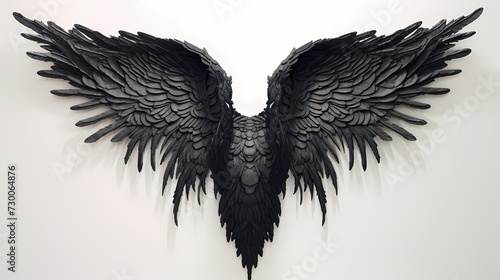 Elaborate black angel wings, adorned with intricate patterns, contrasting against a pristine white background, symbolizing celestial enchantment