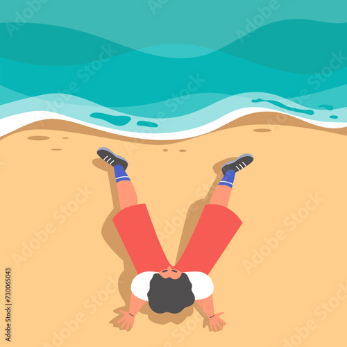 Vector illustration top view of man is sitting on beach, overhead view of people
