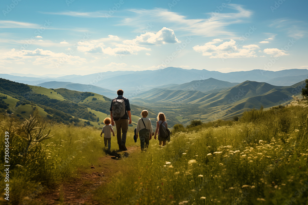 Father and his children hiking in the mountains during the day. Image with copy-space. Generative AI.