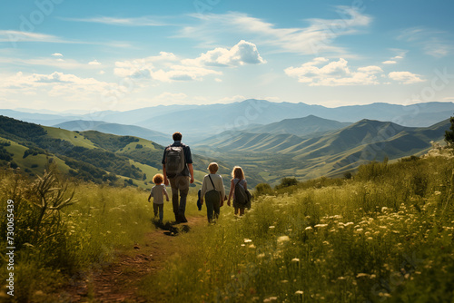 Father and his children hiking in the mountains during the day. Image with copy-space. Generative AI.