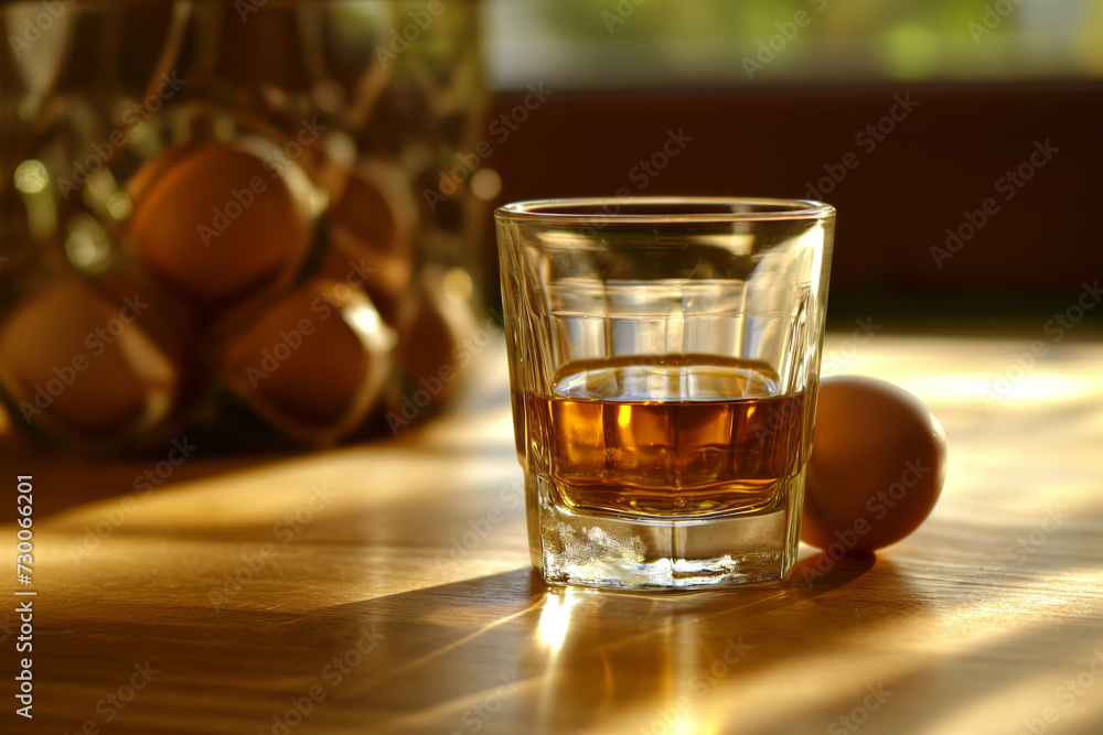 Whiskey in the glass and egg on the table Whiskey in the glass and egg on the table
