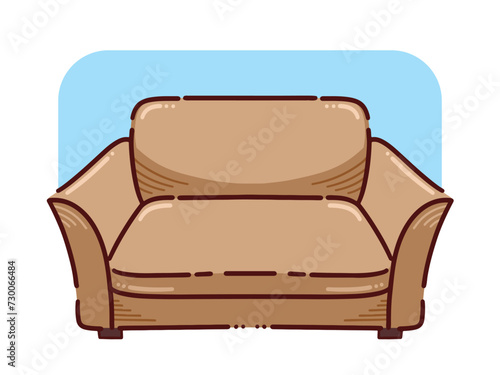 Brown colored comfortable sofa seats vector illustration isolated on horizontal background. Simple flat cartoon art styled comfortable couch drawing.