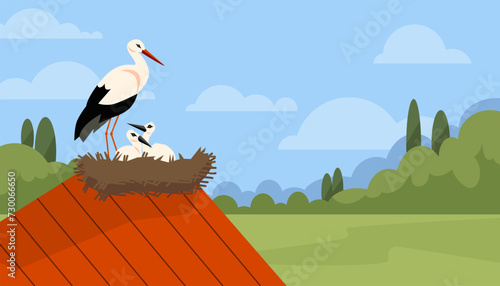 Storks in a nest on the roof, colorful cartoon style vector illustration