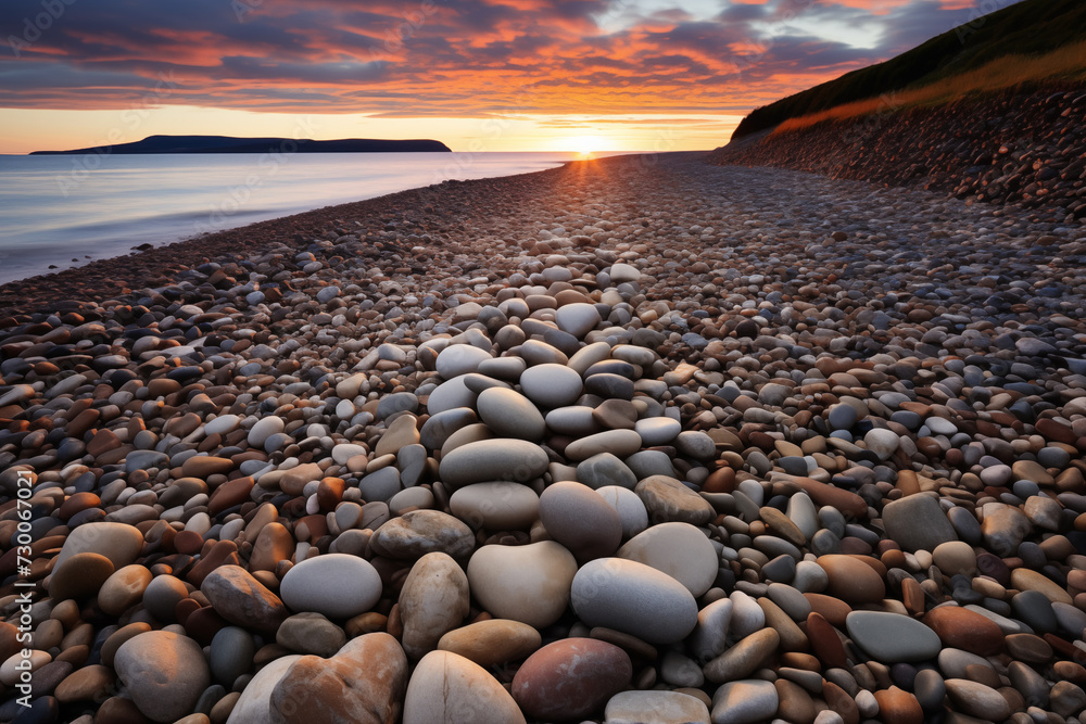 Wide-Angle Pebble Beach at Sunset. Wide-angle shot of sunset on a pebble beach, ideal for serene backgrounds. Wide-Angle Pebble Beach at Sunset. Wide-angle shot of sunset on a pebble beach, ideal for serene backgrounds.