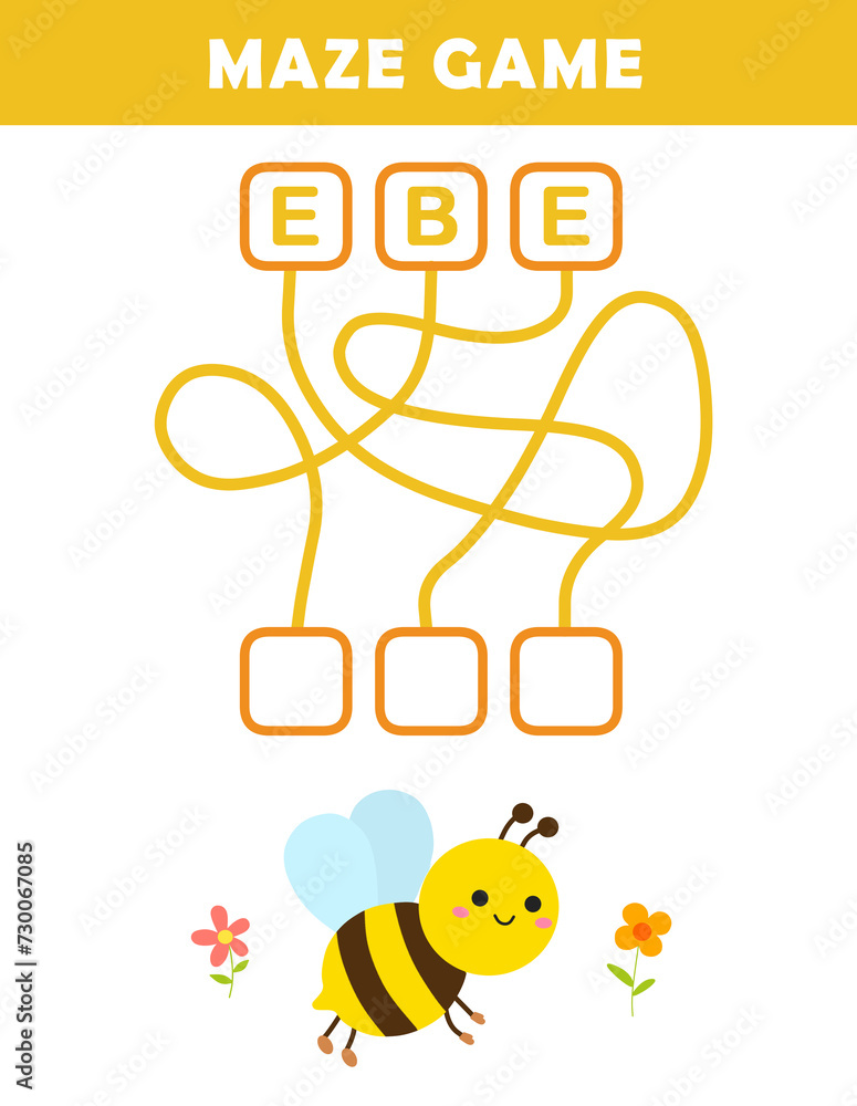 Word maze worksheet for kids with cute bee illustration labyrinth game