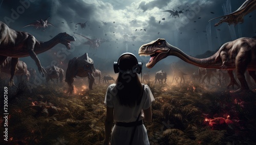 Explore the awe-inspiring world of dinosaurs through virtual reality, where the wearer's headset transports them into a realm where these ancient creatures come to life. © Murda