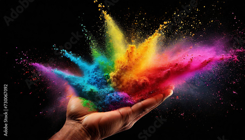 Holi Festival. Colourful dyes held in hand and their explosions and dispersion. Holi festival concept