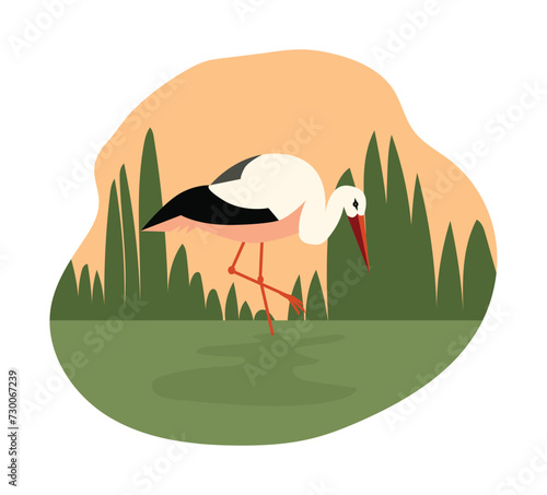Stork standing in marshland in flat vector illustration