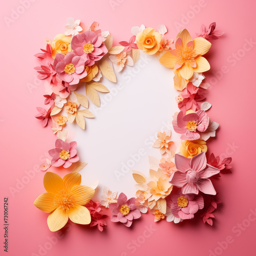 Overhead Floral Border on Pink Background. Overhead view of a delicate floral wreath on a pink background  ideal for invitations.
