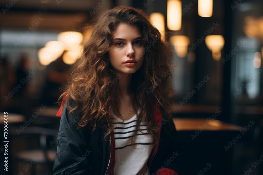 Beautiful young woman with long curly hair in a red jacket in a cafe Beautiful young woman with long curly hair in a red jacket in a cafe