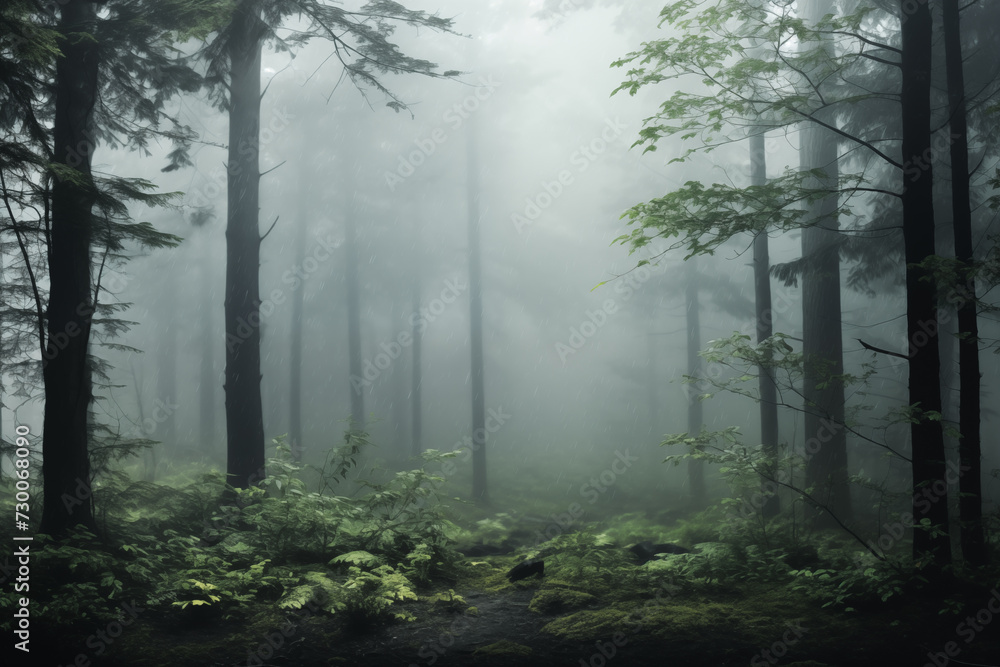 Fototapeta premium Misty forest with lush greenery, ideal for environmental themes.