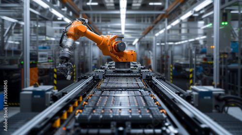 A robot arm works in a factory that assembles lithium or sodium batteries used in electric cars. photo