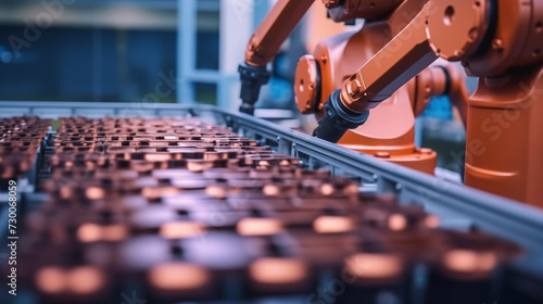 A robot arm works in a factory that assembles lithium or sodium batteries used in electric cars.