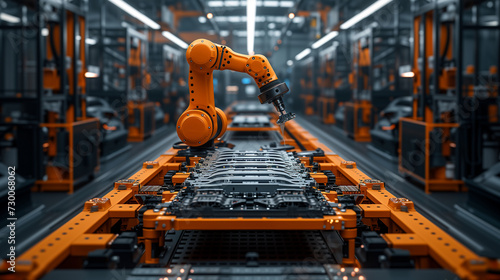 A robot arm works in a factory that assembles lithium or sodium batteries used in electric cars.