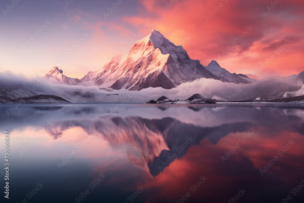 Obraz premium Tranquil Mountain Reflection at Sunrise. Serene mountain landscape with pink sky and calm waters.