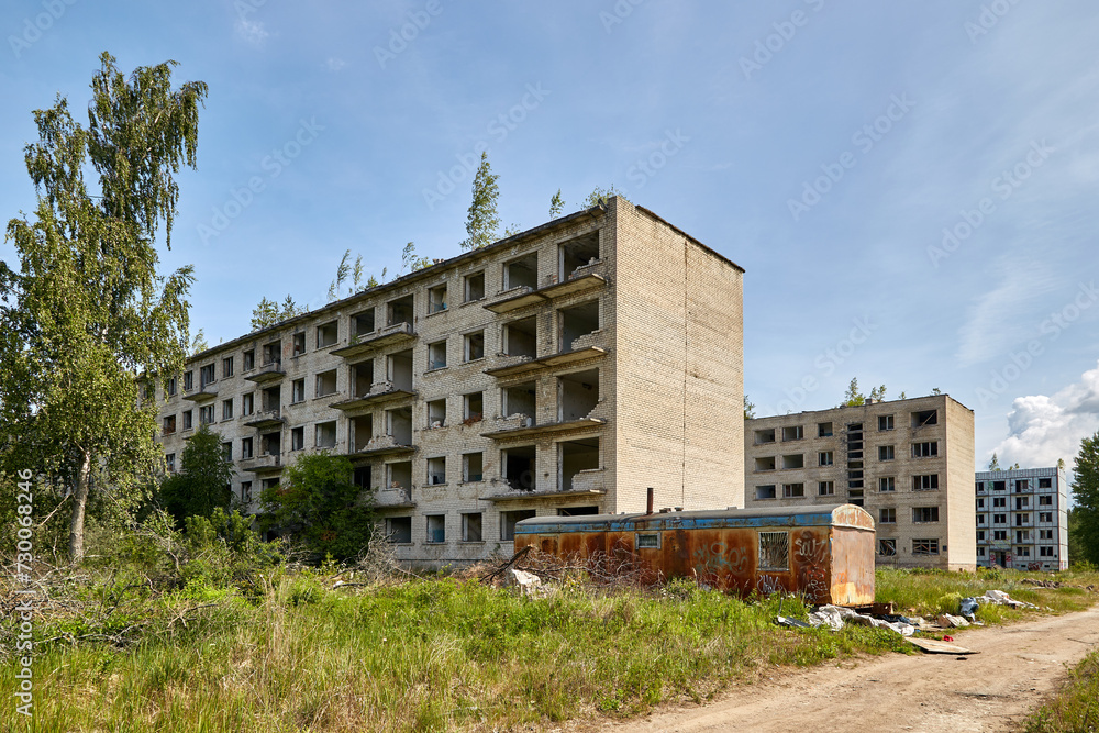 abandoned old soviet union city Irbene, ruined houses abandoned old soviet union city Irbene, ruined houses