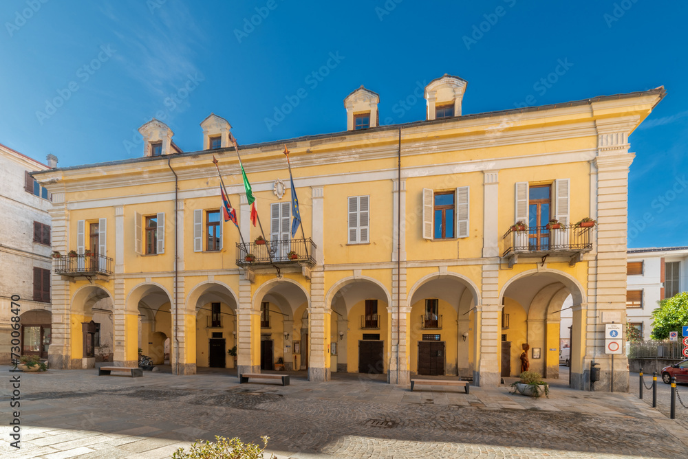 Caraglio, Piedmont, Italy - the Town Hall building with arcades in Giolitti Square