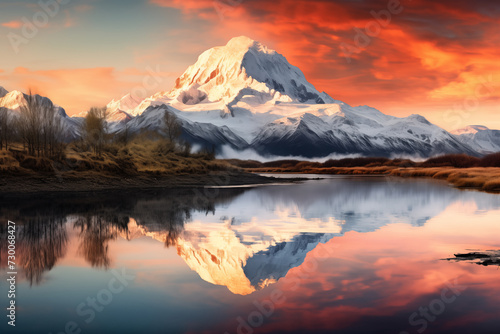 Stunning sunset with snow-capped mountain reflected in calm water, ideal for travel and nature themes. Serene Mountain Sunset Reflection. 