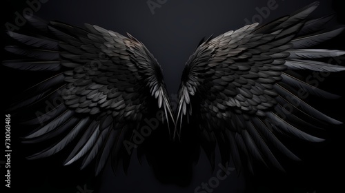 Feathered black angel wings, gracefully fanned out and perfectly aligned, contrasting against a deep black canvas, symbolizing celestial purity and elegance