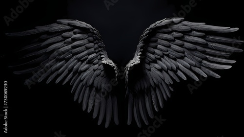 Feathered black angel wings, gracefully fanned out and intricately designed, contrasting against a solid black backdrop, evoking a sense of ethereal charm